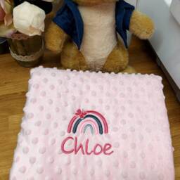Baby Blanket, Rocking Horse Newborn Gift Shower Pink Cream Embroidered Blanket - thumbnail 2