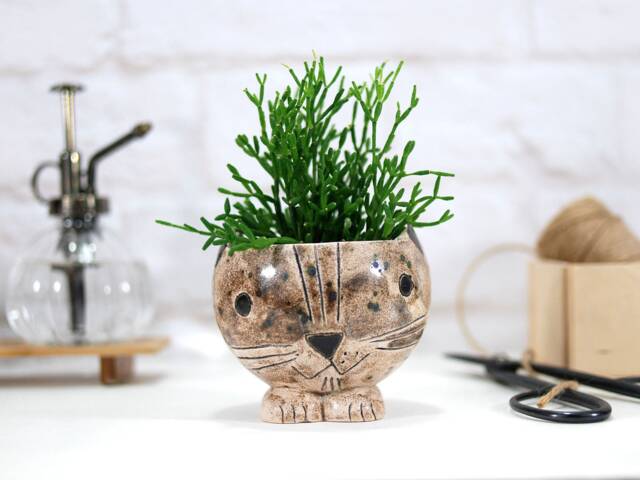 Mini Ceramic Planter Pot With Cute Handpainted Cat Face/Plant Hanger For Cactus, Succulents, Air Plants - Animal Decor Gift - image 1