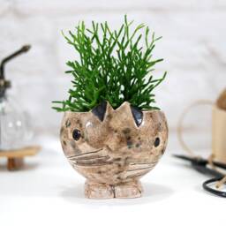 Mini Ceramic Planter Pot With Cute Handpainted Cat Face/Plant Hanger For Cactus, Succulents, Air Plants - Animal Decor Gift - thumbnail 2