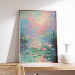Pastel Water Lily Wall Art, Impressionist Pond Poster, Dreamy Floral Landscape Print For Bedroom & Living Room Decor - thumbnail 2