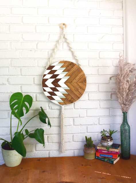 Macrame Wood Wall Art Boho Fiber Art, Round Wooden Hanging - image 1