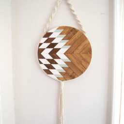Macrame Wood Wall Art Boho Fiber Art, Round Wooden Hanging - thumbnail 2