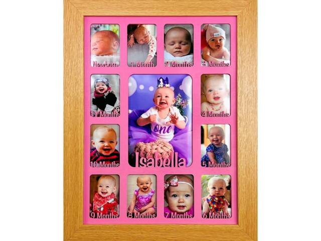 Newborn Baby 1st Year Personalised Photo Frame 1-12 Months - Natural Finish & Pink Insert - image 1