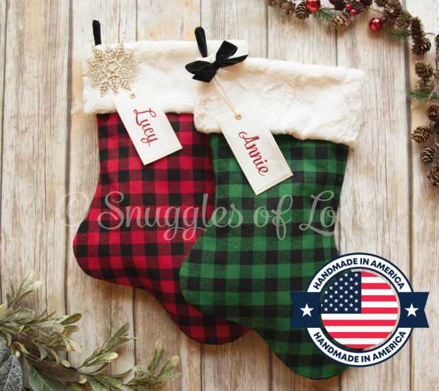 Personalized Buffalo Plaid Christmas Stocking Farmhouse With Fur Cuff - image 1