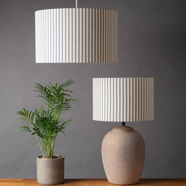 Nautical Cotton Ticking Stripe Lampshade. Seaside Inspired Navy Blue & White Striped Cylinder Style Shade. 30cm & 40cm Available - image 1