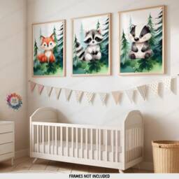 Woodland Nursery Prints - Set Of 3 Animal Posters - Fox, Badger, Racoon Green Forest Bedroom Decor Outdoor Playroom Wall Art Boy Girl - thumbnail 1