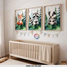 Woodland Nursery Prints - Set Of 3 Animal Posters - Fox, Badger, Racoon Green Forest Bedroom Decor Outdoor Playroom Wall Art Boy Girl - thumbnail 2