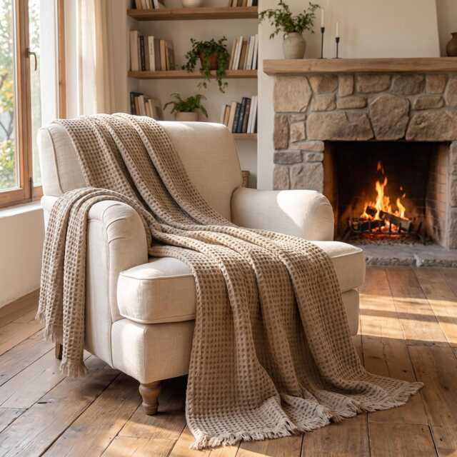 Textured Waffle Throw Blanket With Fringe, Soft Cozy Bed Sofa Cover - image 1