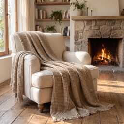 Textured Waffle Throw Blanket With Fringe, Soft Cozy Bed Sofa Cover - thumbnail 1