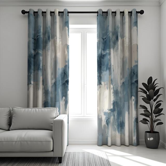 Blue Abstract Brushstroke Curtains, Modern Art Print Drapes, Custom Window Panels For Living Room Bedroom, Contemporary Decor - image 1