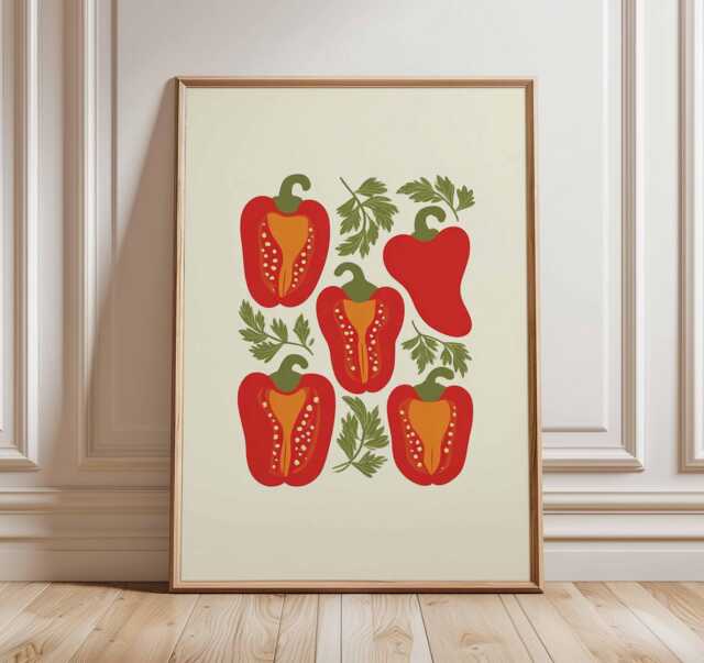 Red Pepper Poster, Kitchen Vegetable Wall Art, Modern Food Illustration, Rustic Dining Room Print - image 1