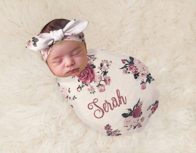 Personalized Swaddle Set Blanket & Headband Pink Floral Monogrammed For Baby Girl - image 1