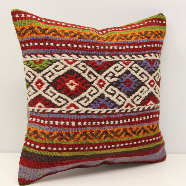Vintage Kilim Pillow Cover 16x16, Turkish Boho Home Decor - image 1
