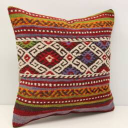 Vintage Kilim Pillow Cover 16x16, Turkish Boho Home Decor - thumbnail 1
