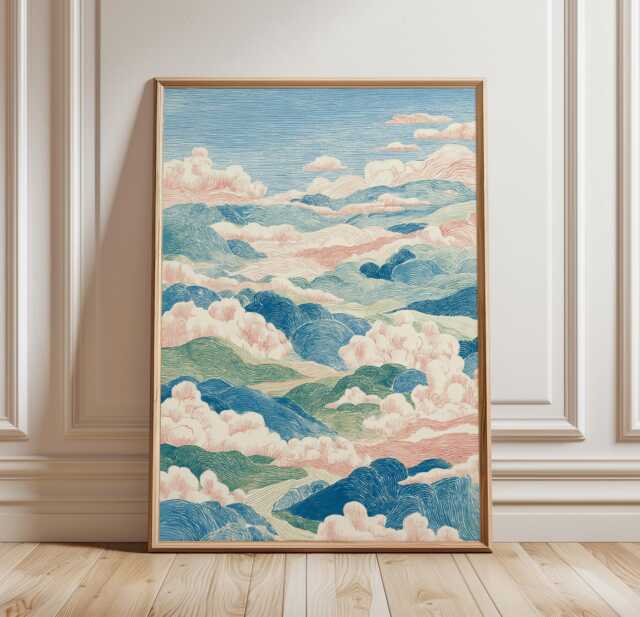 Japanese Cloud Landscape Wall Art Poster Minimal Sky Nature Print Blue Neutral Decor For Living Room Bedroom, Woodblock Style - image 1