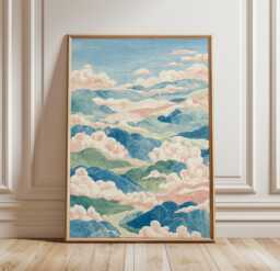 Japanese Cloud Landscape Wall Art Poster Minimal Sky Nature Print Blue Neutral Decor For Living Room Bedroom, Woodblock Style - thumbnail 1