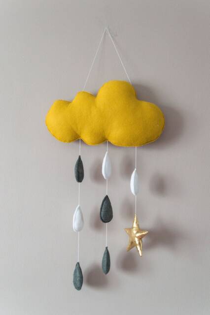 Mustard Yellow Cloud Handmade Wall Hanging Kids Cot Cute Baby Gift Raindrop Mobile Decoration Drops Pearl Felt Grey White Golden Star - image 1