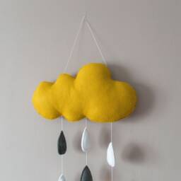 Mustard Yellow Cloud Handmade Wall Hanging Kids Cot Cute Baby Gift Raindrop Mobile Decoration Drops Pearl Felt Grey White Golden Star - thumbnail 3