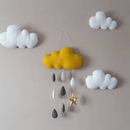 Mustard Yellow Cloud Handmade Wall Hanging Kids Cot Cute Baby Gift Raindrop Mobile Decoration Drops Pearl Felt Grey White Golden Star - thumbnail 2
