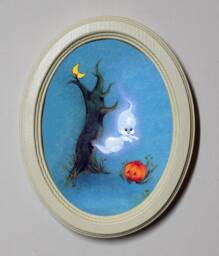 Halloween Ivory Oval Wooden Framed Picture Wall Hanging Little Ghost - thumbnail 1