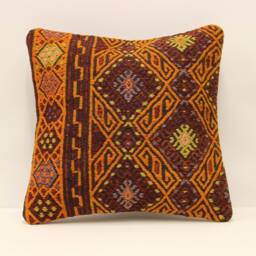 Vintage Turkish Kilim Pillow Cover, Boho Rustic Home Decor - 16x16 - thumbnail 1