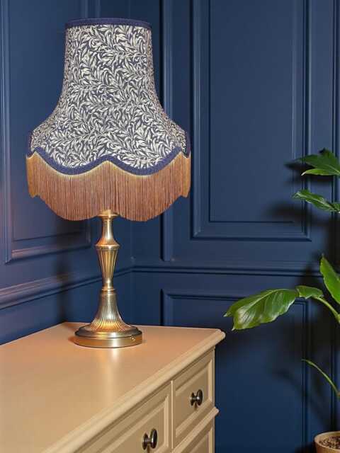 Handmade William Morris Navy Willow Bough Curtains Fabric Lampshade Blue Braid & Antique Gold Fringe - image 1