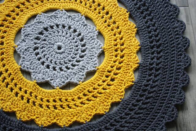 Handmade Chunky Crochet Cotton Round Rug Gray & Yellow - image 1