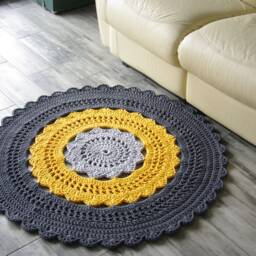 Handmade Chunky Crochet Cotton Round Rug Gray & Yellow - thumbnail 4
