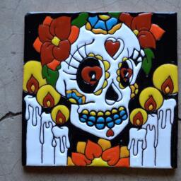 Talavera Mexican Tile Mosaic Day Of The Dead/Tiles Clay Catrina - thumbnail 3