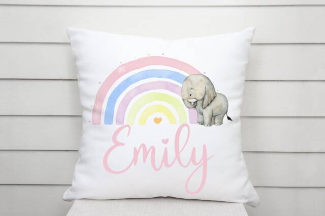 Gorgeous Personalised Rainbow With Elephant Soft, Luxurious Cushion. Girls Gift, Nursery Cushion, Personalized Pillow - image 1