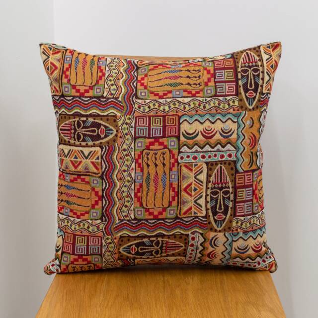 Traditional African Mask Cushion. Ethnic Tribal Pattern Patchwork Tapestry Pillow. 17x17
