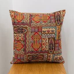 Traditional African Mask Cushion. Ethnic Tribal Pattern Patchwork Tapestry Pillow. 17x17