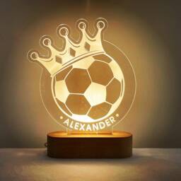 Personalised Football Trophy Led Night Light With Solid Beech Wood Base - Footie Lamp For Boy's Bedroom