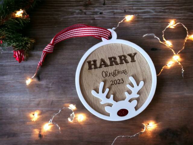 Large Luxury Oak & Acrylic Personalised Christmas Bauble - Tree Decoration With Name Bespoke - image 1