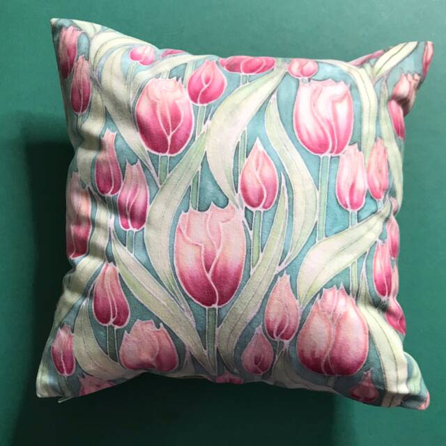 Tulip Statement Cushion in Pink & Green - Decorative Small Square Pillow For Settee, Sofa, Armchair Or Bedroom Flower Decor - image 1