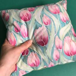Tulip Statement Cushion in Pink & Green - Decorative Small Square Pillow For Settee, Sofa, Armchair Or Bedroom Flower Decor - thumbnail 3