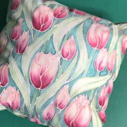 Tulip Statement Cushion in Pink & Green - Decorative Small Square Pillow For Settee, Sofa, Armchair Or Bedroom Flower Decor - thumbnail 2