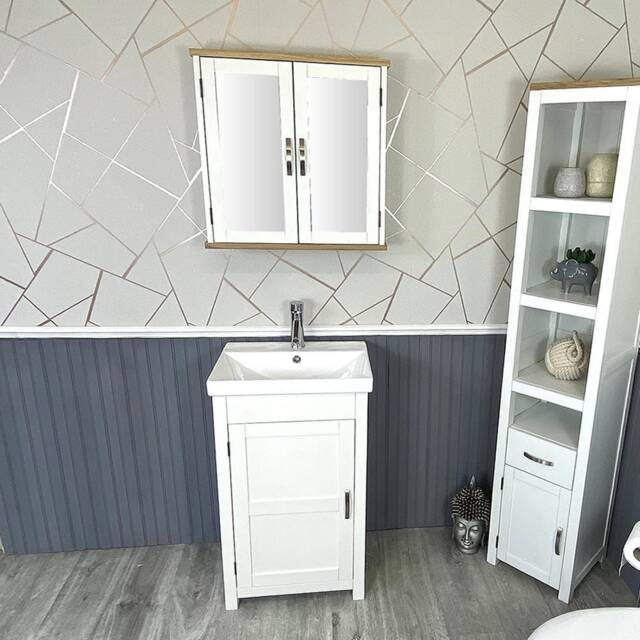 Slimline Bathroom Cabinet Vanity Unit - Solid Oak Furniture Inset Sink Tap Set - image 1