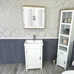 Slimline Bathroom Cabinet Vanity Unit - Solid Oak Furniture Inset Sink Tap Set