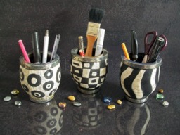 Geometric Raku Ceramic Pen Holders - Black & White Desk Organizer Handmade Modern Office Decor Customizable Set Of 3 Or Single