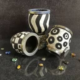 Geometric Raku Ceramic Pen Holders - Black & White Desk Organizer Handmade Modern Office Decor Customizable Set Of 3 Or Single - thumbnail 3