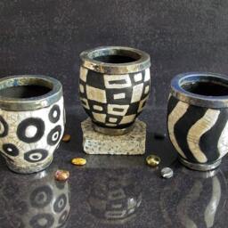 Geometric Raku Ceramic Pen Holders - Black & White Desk Organizer Handmade Modern Office Decor Customizable Set Of 3 Or Single - thumbnail 2