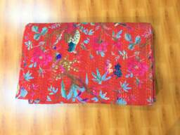 "Handmade Bird Print Kantha Quilt, 100% Cotton Bedspread - 90"" X 108"