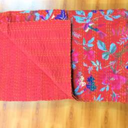 "Handmade Bird Print Kantha Quilt, 100% Cotton Bedspread - 90"" X 108" - thumbnail 3