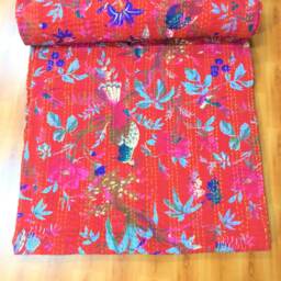 "Handmade Bird Print Kantha Quilt, 100% Cotton Bedspread - 90"" X 108" - thumbnail 2