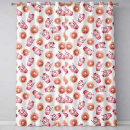 Cute Kawaii Donut & Strawberry Drink Pattern Light Grey Background Seamless Readymade Eyelet Ring Top Thermal 100% Blackout Curtains - thumbnail 2