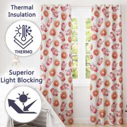Cute Kawaii Donut & Strawberry Drink Pattern Light Grey Background Seamless Readymade Eyelet Ring Top Thermal 100% Blackout Curtains - thumbnail 3