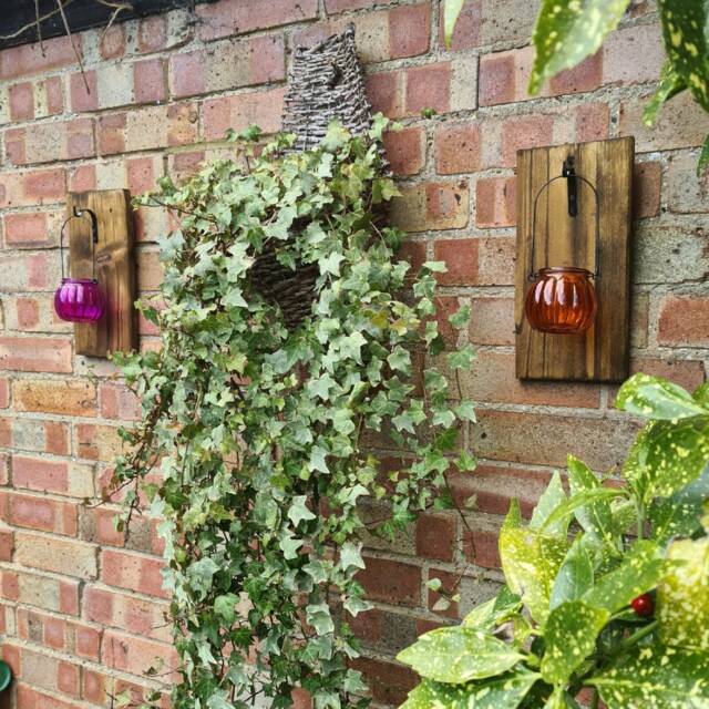 Rustic Oak Wall Lantern Holder Reclaimed Wood, Colored Glass - image 1
