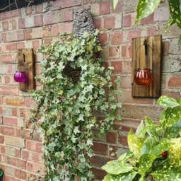 Rustic Oak Wall Lantern Holder Reclaimed Wood, Colored Glass