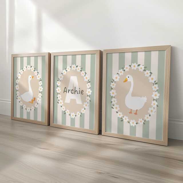Personalised Goose Nursery Print Set - Custom Name & Initial Wall Art Green Striped Baby Room Decor With Optional Frames - image 1